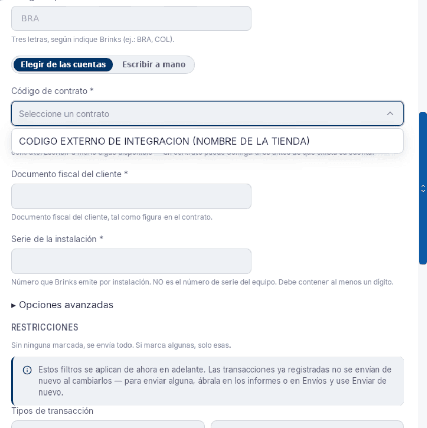Integración Brinks NCWP con «Elegir de las cuentas» abierto: la lista muestra el código externo de cada cuenta y su nombre