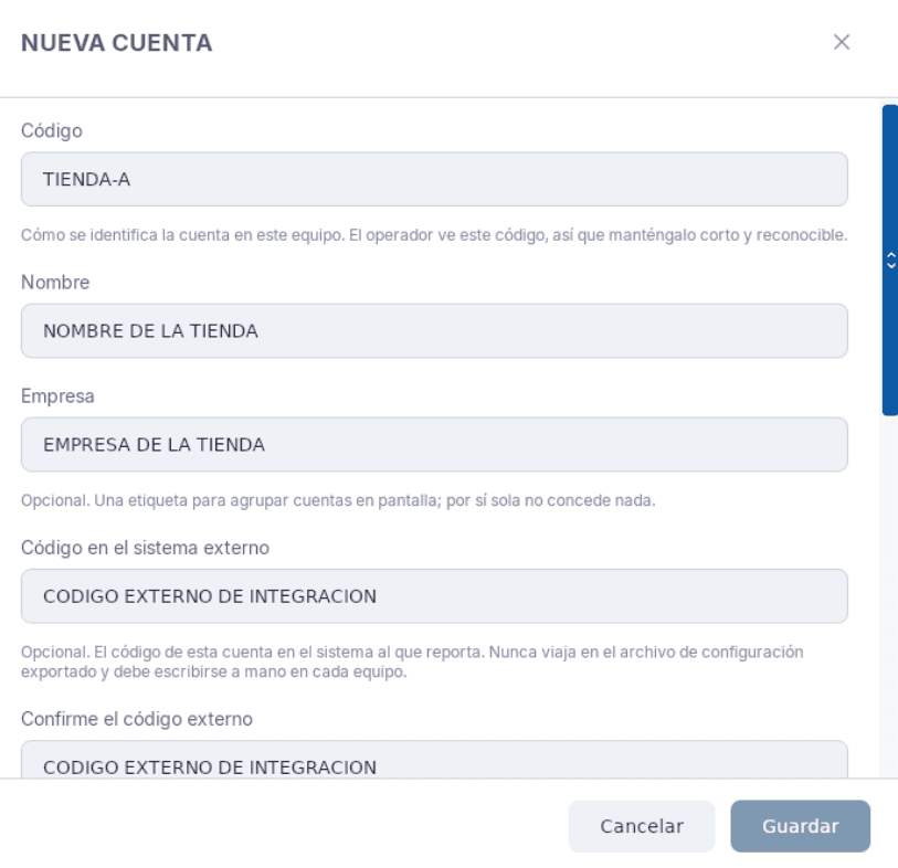 Nueva cuenta, primera parte: Código, Nombre, Empresa y Código en el sistema externo con datos de ejemplo
