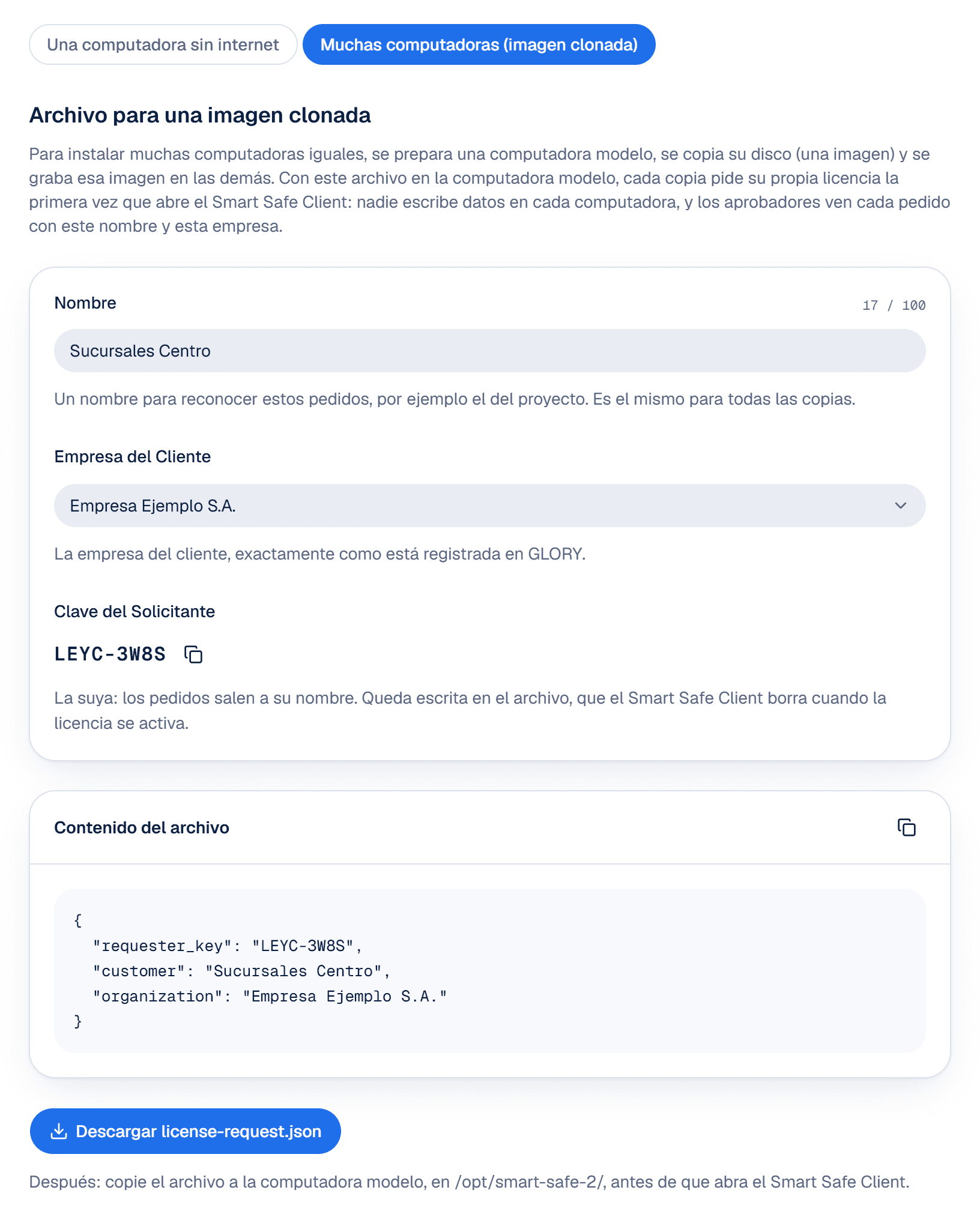 Portal: Pedir licencia › Muchas computadoras, con el contenido del archivo y el botón de descarga