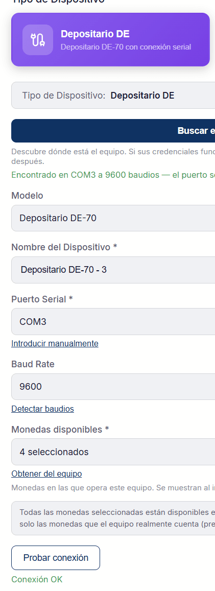 Añadir Dispositivo: Depositario DE, el aviso verde «Encontrado en COM3 a 9600 baudios», el puerto COM3, 9600 baudios, las monedas y «Conexión OK»