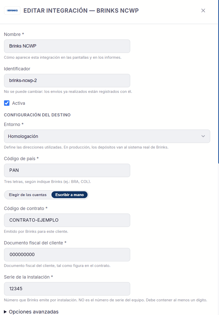 Integración Brinks NCWP con el entorno, el código de país, el código de contrato, el documento fiscal y la serie de la instalación (datos de ejemplo)