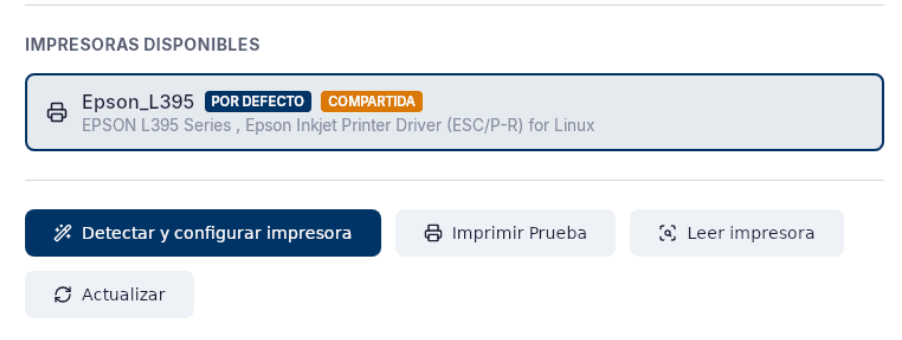 Impresoras Disponibles con una impresora marcada Por Defecto y Compartida, y los botones Detectar y configurar impresora, Imprimir Prueba, Leer impresora y Actualizar