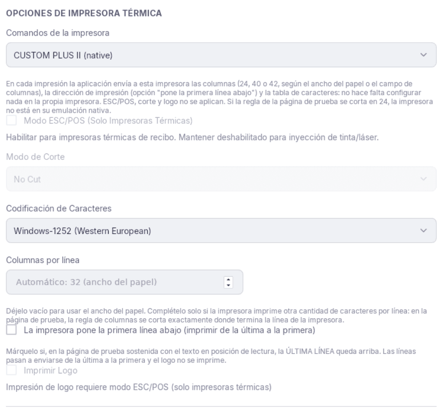 Opciones de Impresora Térmica con CUSTOM PLUS II: el texto que explica lo que la aplicación envía en cada impresión, y Modo ESC/POS, Modo de Corte e Imprimir Logo apagados