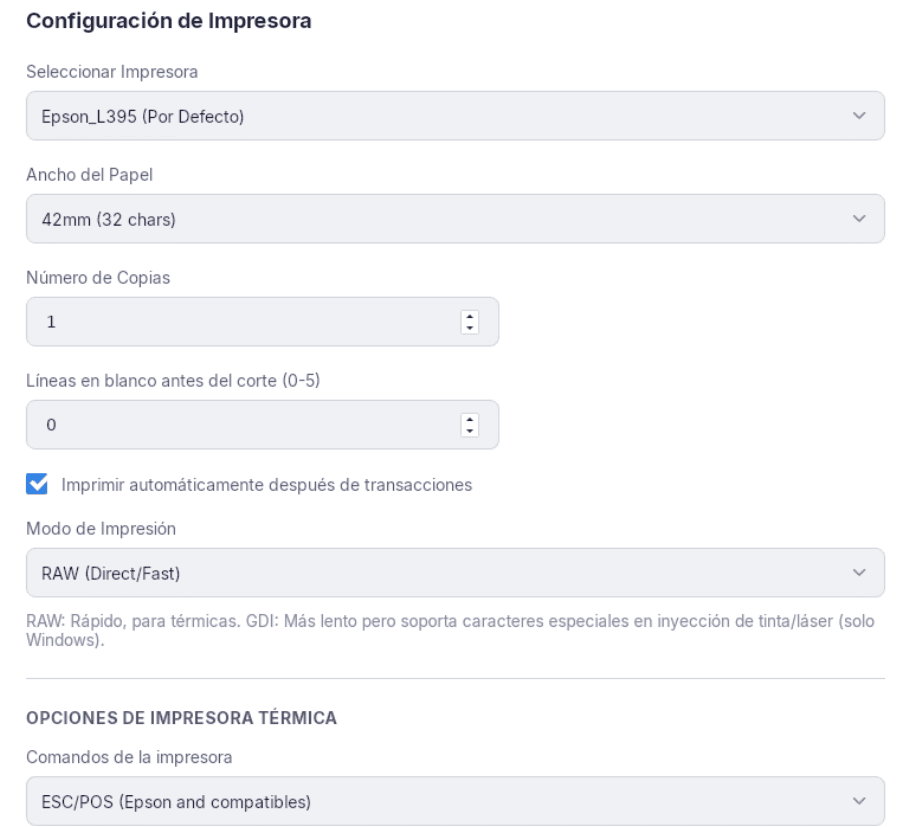 Configuración de Impresora: Seleccionar Impresora, Ancho del Papel, Número de Copias, Líneas en blanco antes del corte, Imprimir automáticamente después de transacciones y Modo de Impresión