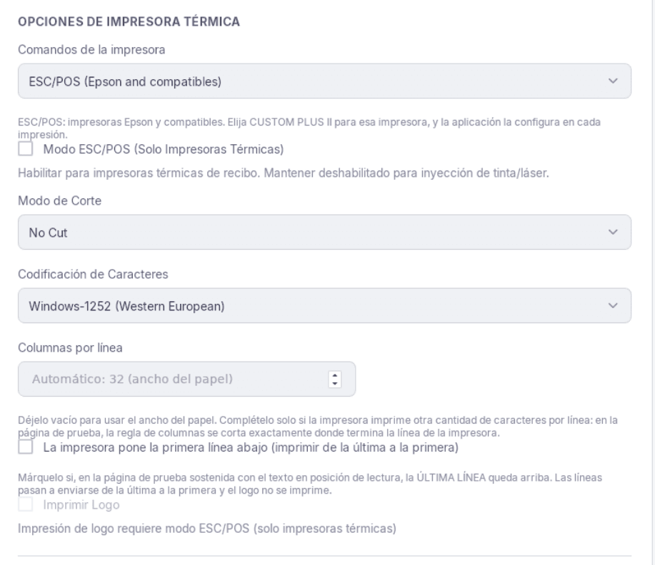 Opciones de Impresora Térmica con los comandos ESC/POS: Modo ESC/POS, Modo de Corte, Codificación de Caracteres, Columnas por línea, la opción de la primera línea abajo e Imprimir Logo