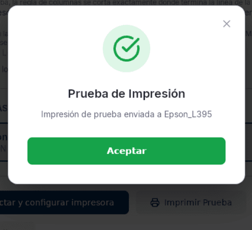Ventana Prueba de Impresión: «Impresión de prueba enviada a Epson_L395» con el botón Aceptar