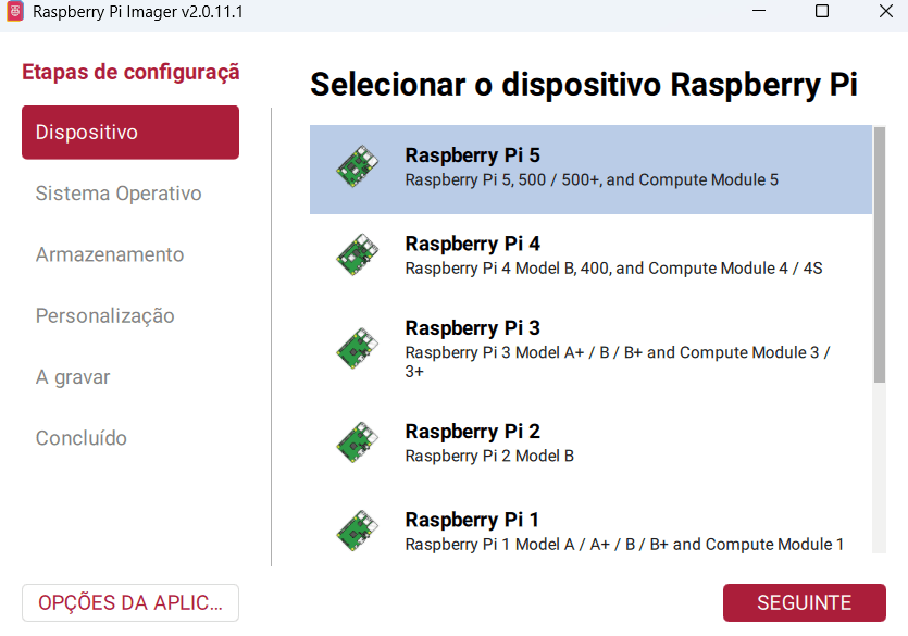 Raspberry Pi Imager, paso Dispositivo: la lista de modelos, con Raspberry Pi 5 elegida