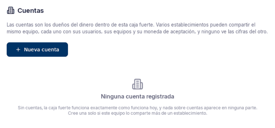 Configuración › Cuentas sin ninguna cuenta, con el botón Nueva cuenta