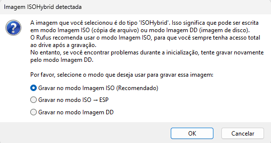 Aviso de Rufus «Imagen ISOHybrid detectada» con el modo Imagen ISO (recomendado) elegido