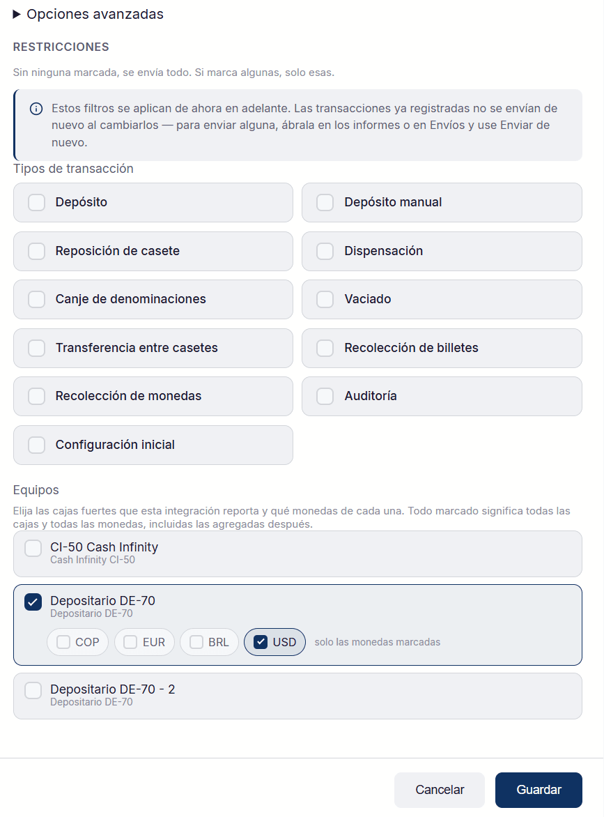 Restricciones de la integración: los tipos de transacción y, en Equipos, una DE-70 marcada solo con la moneda USD
