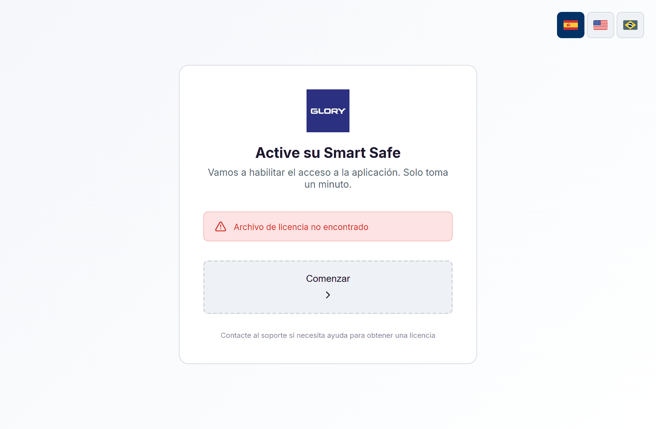 Pantalla «Active su Smart Safe» con las banderas de idioma arriba a la derecha