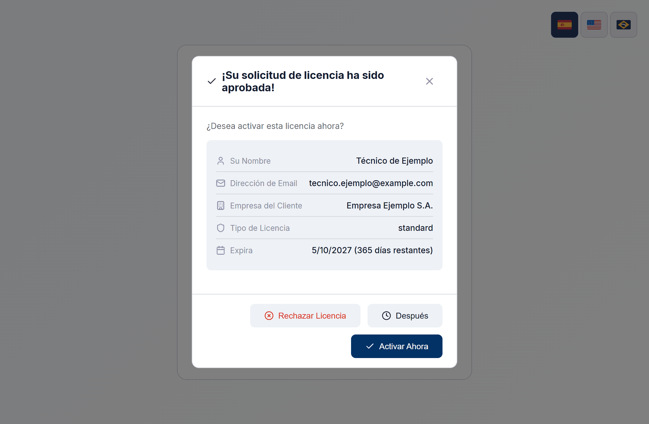 Ventana «¡Su solicitud de licencia ha sido aprobada!» con el botón «Activar Ahora»