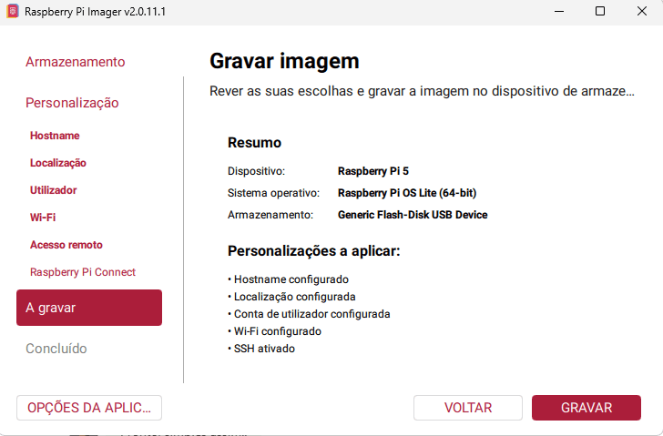 Raspberry Pi Imager, paso Escribir imagen: el resumen con el dispositivo, el sistema, el almacenamiento y las personalizaciones