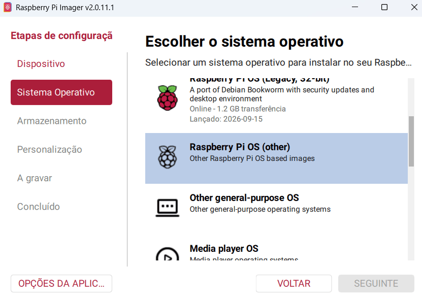 Raspberry Pi Imager, paso Sistema operativo: la opción Raspberry Pi OS (other) elegida