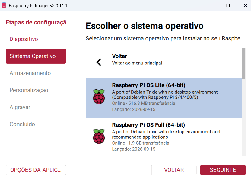 Raspberry Pi Imager: Raspberry Pi OS Lite (64-bit), «A port of Debian Trixie with no desktop environment», elegido
