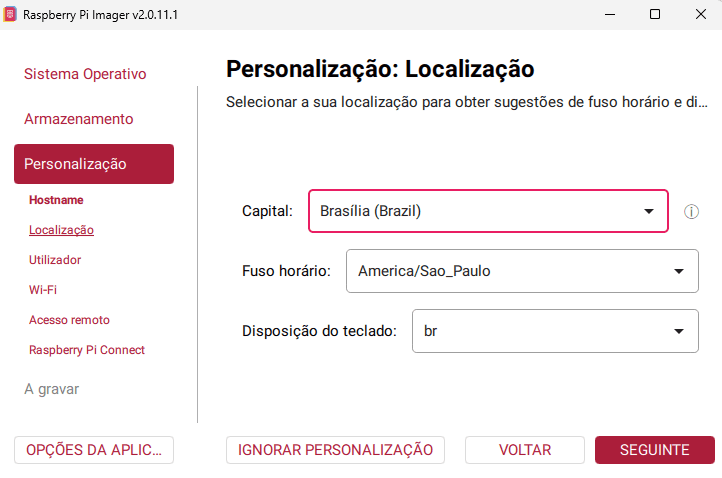 Raspberry Pi Imager, personalización: Localización con la capital, la zona horaria y el teclado