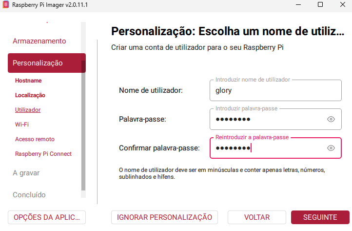 Raspberry Pi Imager, personalización: usuario glory con la contraseña oculta