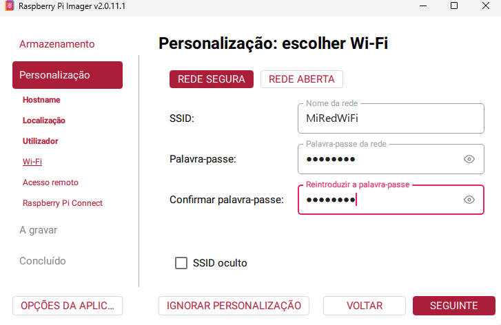 Raspberry Pi Imager, personalización: Wi-Fi con Red segura, el nombre de la red y la contraseña oculta
