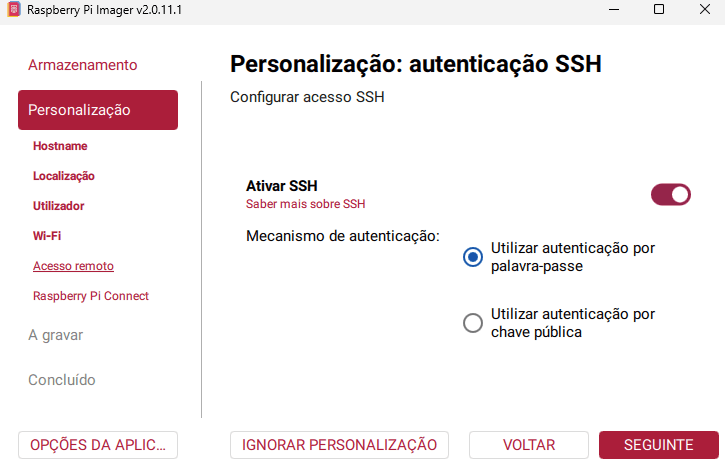 Raspberry Pi Imager, personalización: Activar SSH encendido, con autenticación por contraseña