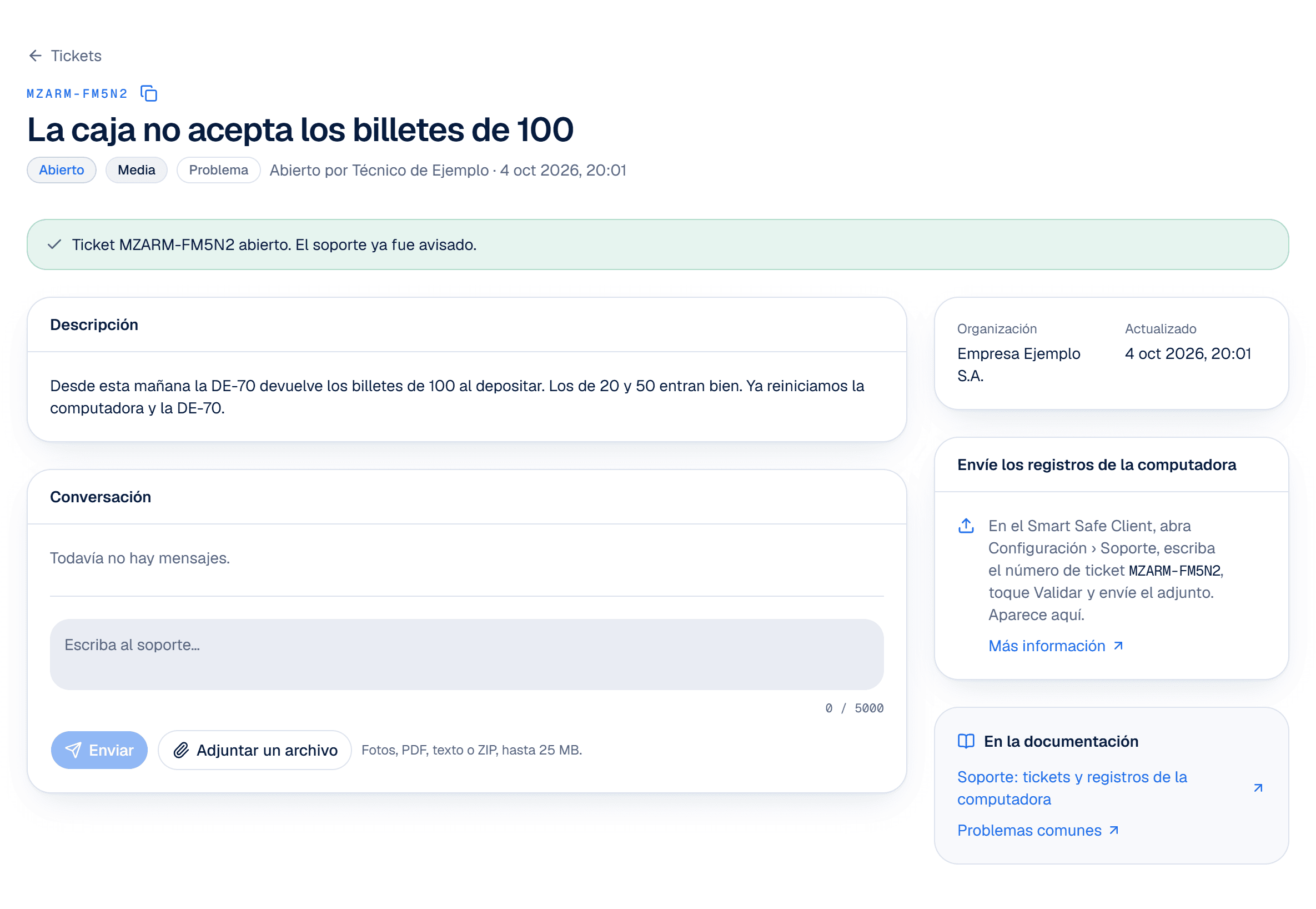 Portal: ticket recién abierto, con el número del ticket arriba